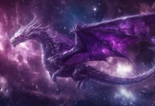 A Dragon in a cosmic setting, flying through a galaxy with swirling stars and nebulae.