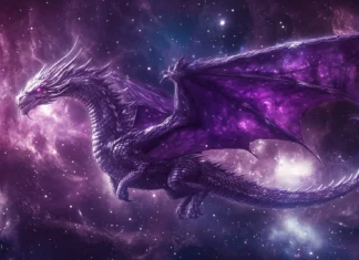 A Dragon in a cosmic setting, flying through a galaxy with swirling stars and nebulae.