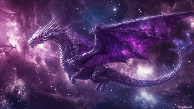 A Dragon in a cosmic setting, flying through a galaxy with swirling stars and nebulae.