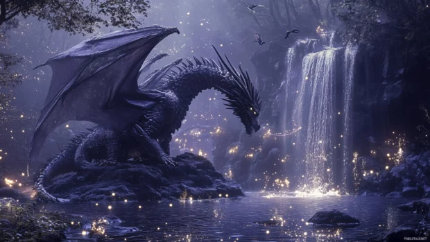 A Dragon protecting an enchanted waterfall, with magical lights and sparkling water surrounding the scene.