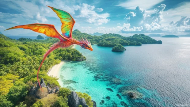 A Dragon with vibrant, rainbow colored scales soaring over a tropical island with crystal clear waters and lush greenery.