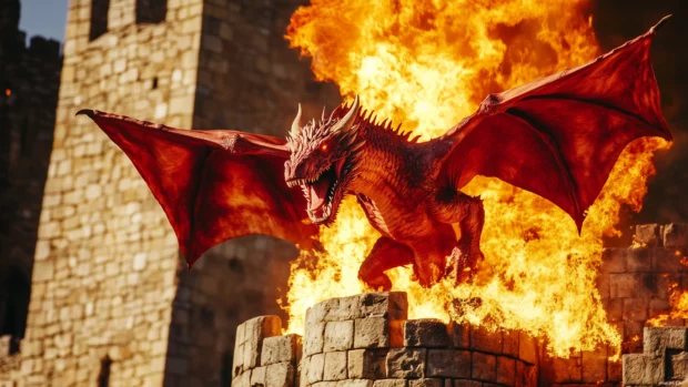 A fierce fire breathing Dragon in a medieval castle setting.