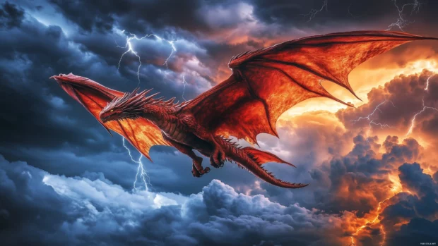 A fierce, red Dragon soaring through a stormy sky, surrounded by lightning strikes and dark clouds.