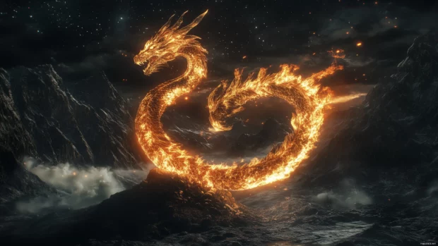 A fire Dragon coiling around a mountain peak, flames cascading from its body.