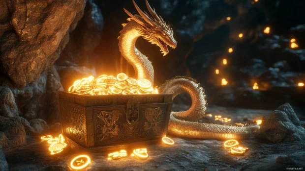 A golden Dragon coiled around an ancient treasure chest in a dimly lit cavern.