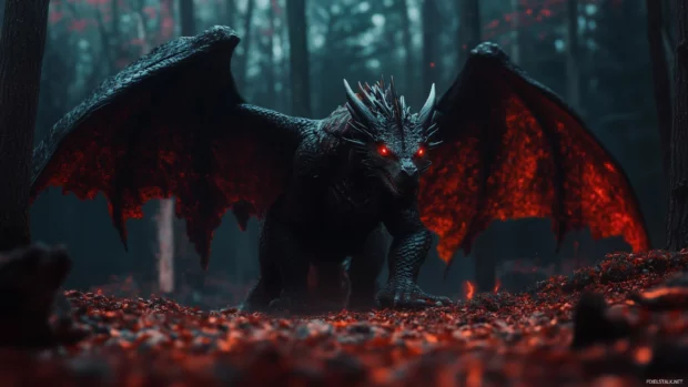 A majestic black Dragon emerging from the depths of an ancient forest, wings extended wide and glowing red eyes.