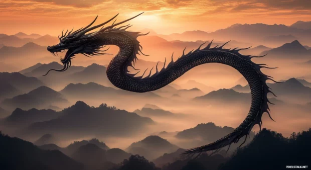 An elegant Chinese Dragon flying above a peaceful mountain range at sunset, with golden and orange hues reflecting on its scales.