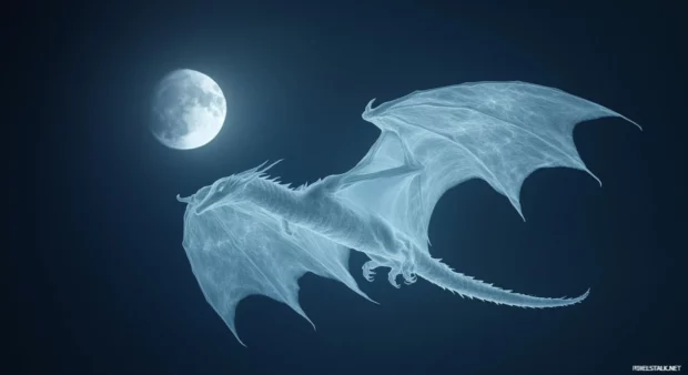 An ethereal Dragon flying through a moonlit night sky, its translucent wings casting a soft glow.