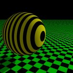 Black yellow sphere green checkerboard.