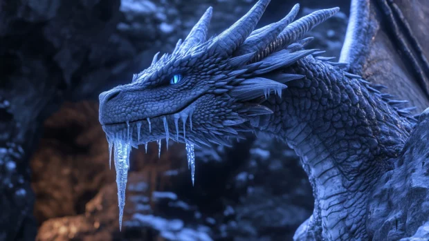 A Dragon with ice blue scales and frost covered wings, emerging from a frozen cavern with a mystical glow.