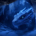 A Dragon with ice blue scales and frost covered wings, emerging from a frozen cavern with a mystical glow, icicles hanging from its jaw as it gazes out into the cold night.