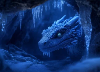 A Dragon with ice blue scales and frost covered wings, emerging from a frozen cavern with a mystical glow, icicles hanging from its jaw as it gazes out into the cold night.