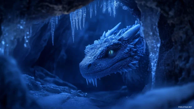 A Dragon with ice blue scales and frost covered wings, emerging from a frozen cavern with a mystical glow, icicles hanging from its jaw as it gazes out into the cold night.