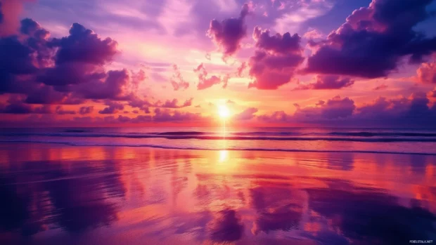 A breathtaking sunset over the ocean, with clouds painted in shades of pink, purple, and orange, reflecting on the water below.