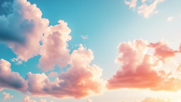 A vibrant sky at sunrise, painted with soft pastel pink and orange clouds.