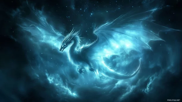 An ethereal, ice Dragon flying through a moonlit night sky, its translucent wings casting a soft glow.