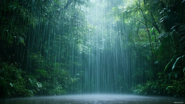 Heavy rain falling in a quiet forest clearing, mist rising between the trees, soft light beams shining through the rain.