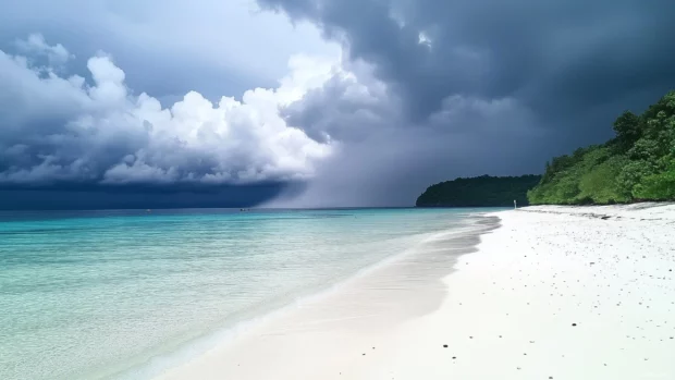 Rain PC wallpaper with tropical rainstorm over a beach with dramatic gray clouds, raindrops hitting the surface of the calm ocean.