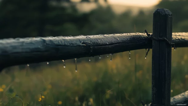 Rain cascading down a rustic wooden fence with droplets hanging from the edges.