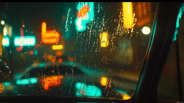 Rain falling on a car windshield at night, water droplets sliding down the glass, glowing streetlights and neon signs blurred in the background.