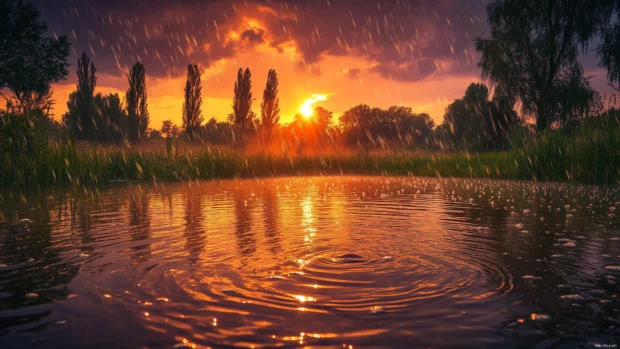 Rain on a tranquil lake surface at sunset, rippling water reflecting warm golden and pink hues of the sky.