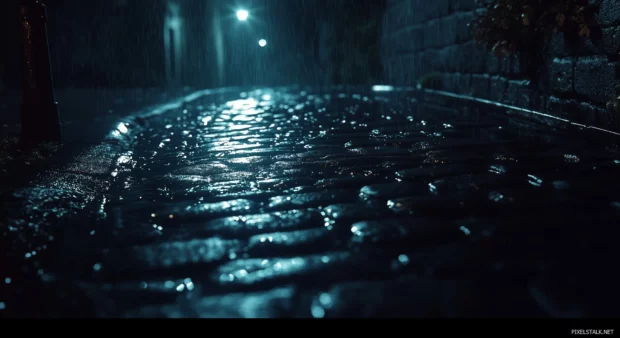 Rain pouring over a quiet cobblestone street at night, reflecting the soft glow of streetlights.