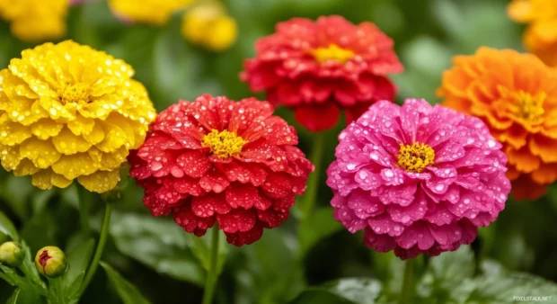 Rain soaked garden flowers in bloom, vibrant petals covered with fresh water droplets.