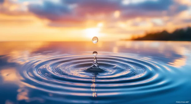 Rain wallpaper with close up of raindrops splashing into a still puddle on a smooth concrete surface, ripples forming in slow motion.