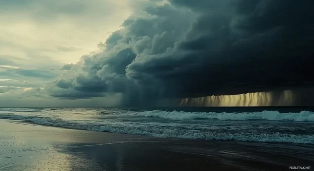 Rain wallpaper with dark stormy clouds with heavy rain falling over the ocean, dramatic waves crashing against the shore.