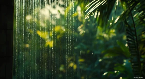 Raindrops trickling down a clear glass window with a blurred view of a lush green forest in the background.