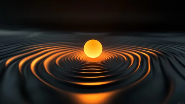 A centered glowing orb in vibrant orange with faint ripples extending outward on a black canvas.