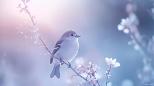 A charming simple wallpaper of a tiny bird perched on a delicate branch with tiny pastel flowers.