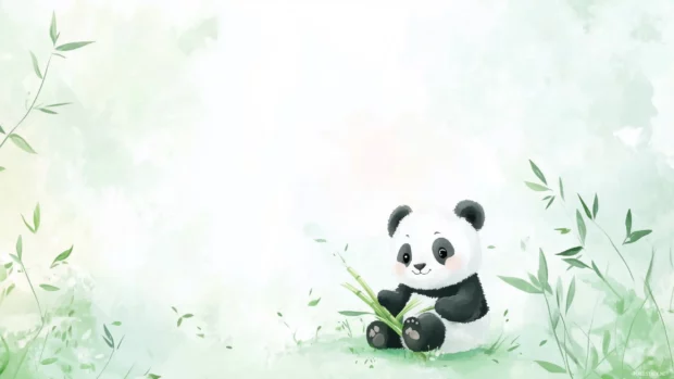 A cute simple HD wallpaper with a baby panda munching on bamboo under a light pastel sky.