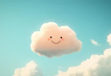 A cute simple wallpaper featuring a pastel colored cloud with a smiling face against a soft blue sky.