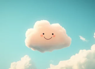 A cute simple wallpaper featuring a pastel colored cloud with a smiling face against a soft blue sky.