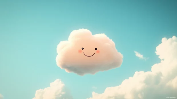 A cute simple wallpaper featuring a pastel colored cloud with a smiling face against a soft blue sky.