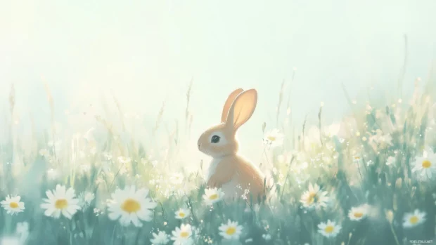 A cute simple wallpaper of a tiny bunny surrounded by soft daisies in a light, airy meadow.