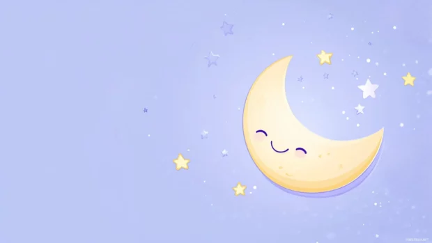 A cute simple wallpaper with a smiling moon and stars on a soft lavender background.