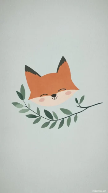 A cute wallpaper HD featuring a small smiling fox peeking from behind a leafy branch.