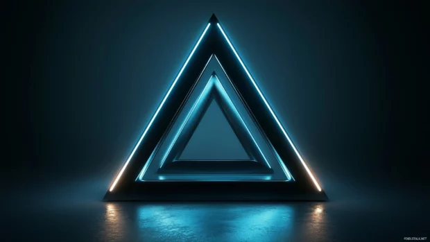 A futuristic glowing triangle in cyan, placed on a dark gradient background with subtle light rays.