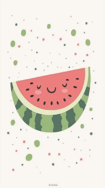 A minimalist design with a smiling watermelon slice surrounded by soft pastel dots on a light background.