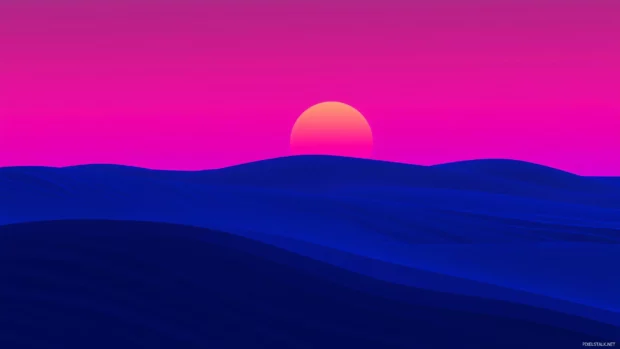 A minimalist skyline silhouette in deep blue, set against a gradient sunset of pink and purple hues.