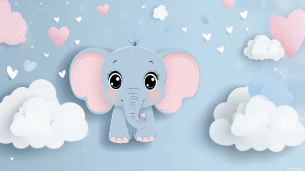 A simple desktop HD wallpaper featuring a baby elephant with big eyes, surrounded by soft clouds and hearts.