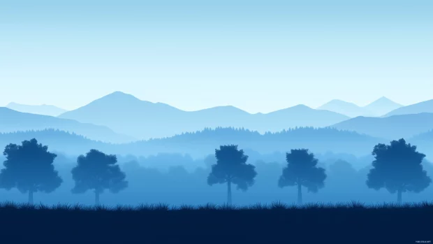 A simple wallpaper of a gentle foggy landscape with minimal tree silhouettes.