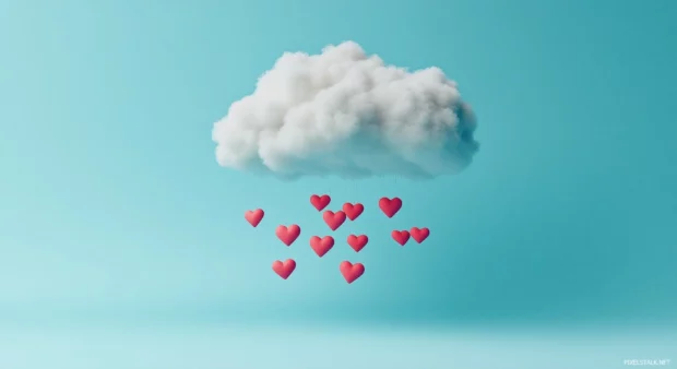 A simple wallpaper with a small fluffy cloud carrying a few tiny hearts in pastel shades.