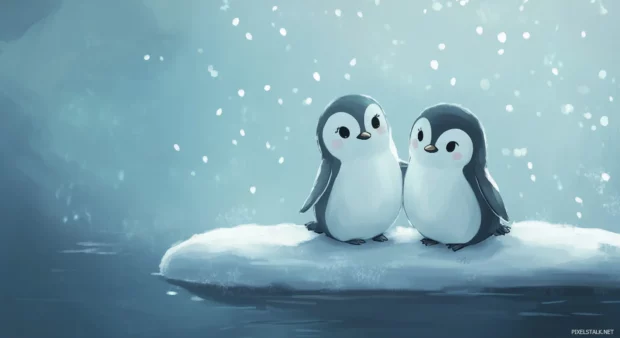 A soft, cute design with two smiling penguins standing on a patch of ice under a gentle snowfall.