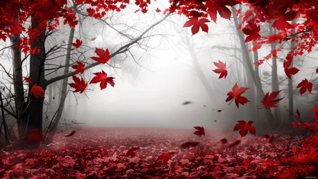 A cool red autumn forest 4K Wallpaper with leaves falling against a misty background.