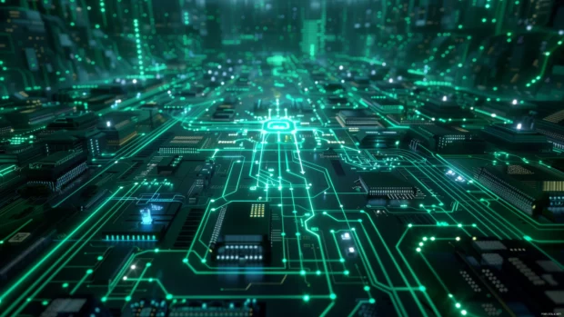 A futuristic cool green 4K design features digital circuits and abstract shapes.