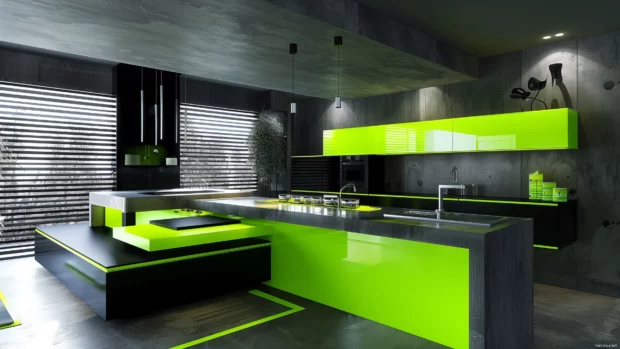 A modern and minimalistic 4K Wallpaper features cool lime green and gray tones.