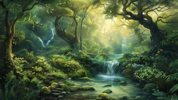 A serene and cool emerald forest 4K Wallpaper with lush green foliage and a peaceful stream .